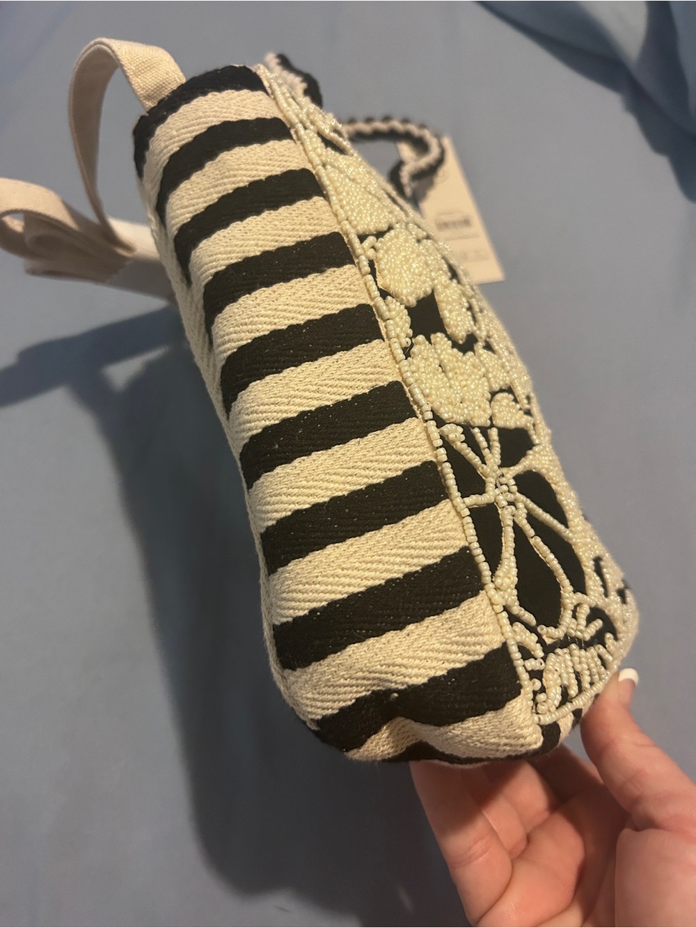 Beaded Floral & Stripe Tote Bag - Black & Cream Crossbody Bag - Picture 7 of 8